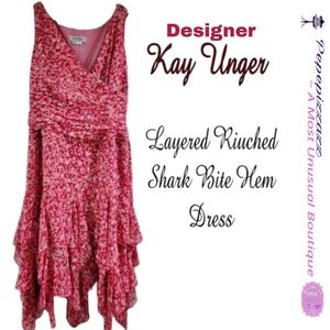 KAY UNGER Semi Formal layered floral dress sharkbite hem 14 $298